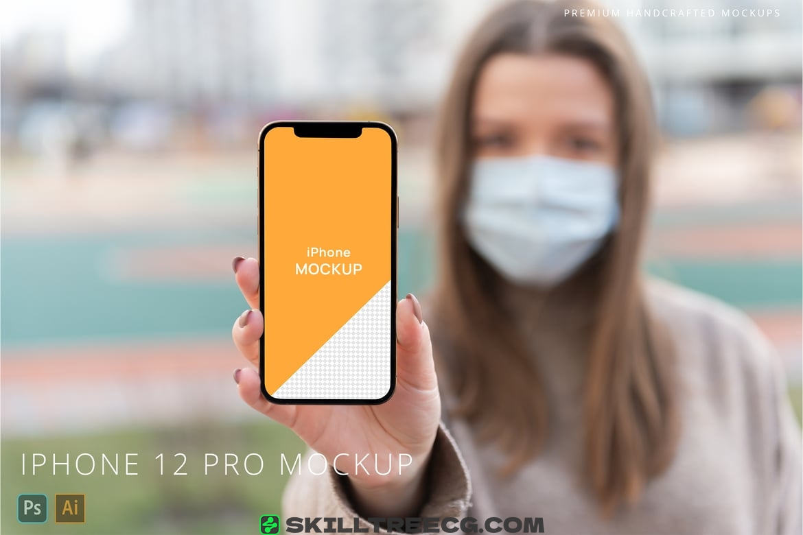 iPhone 12 Pro Person in Face Mask Mockup（962647）-技能树